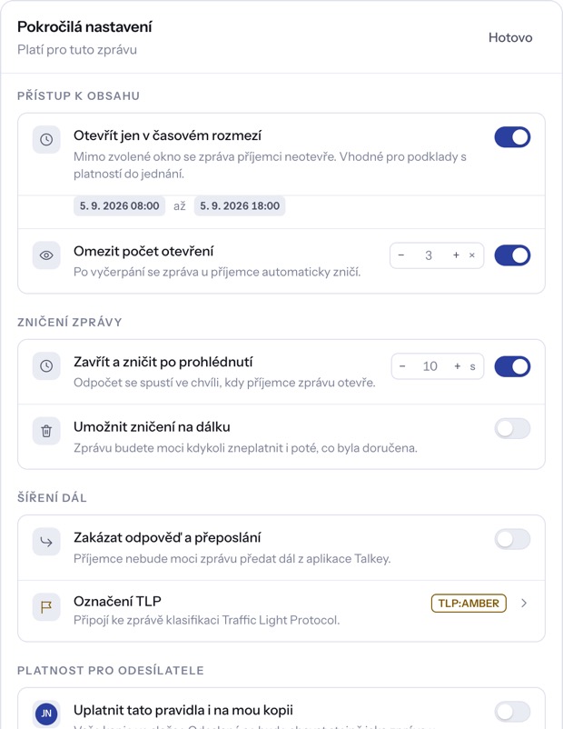 Pokročilá nastavení zprávy v aplikaci Talkey