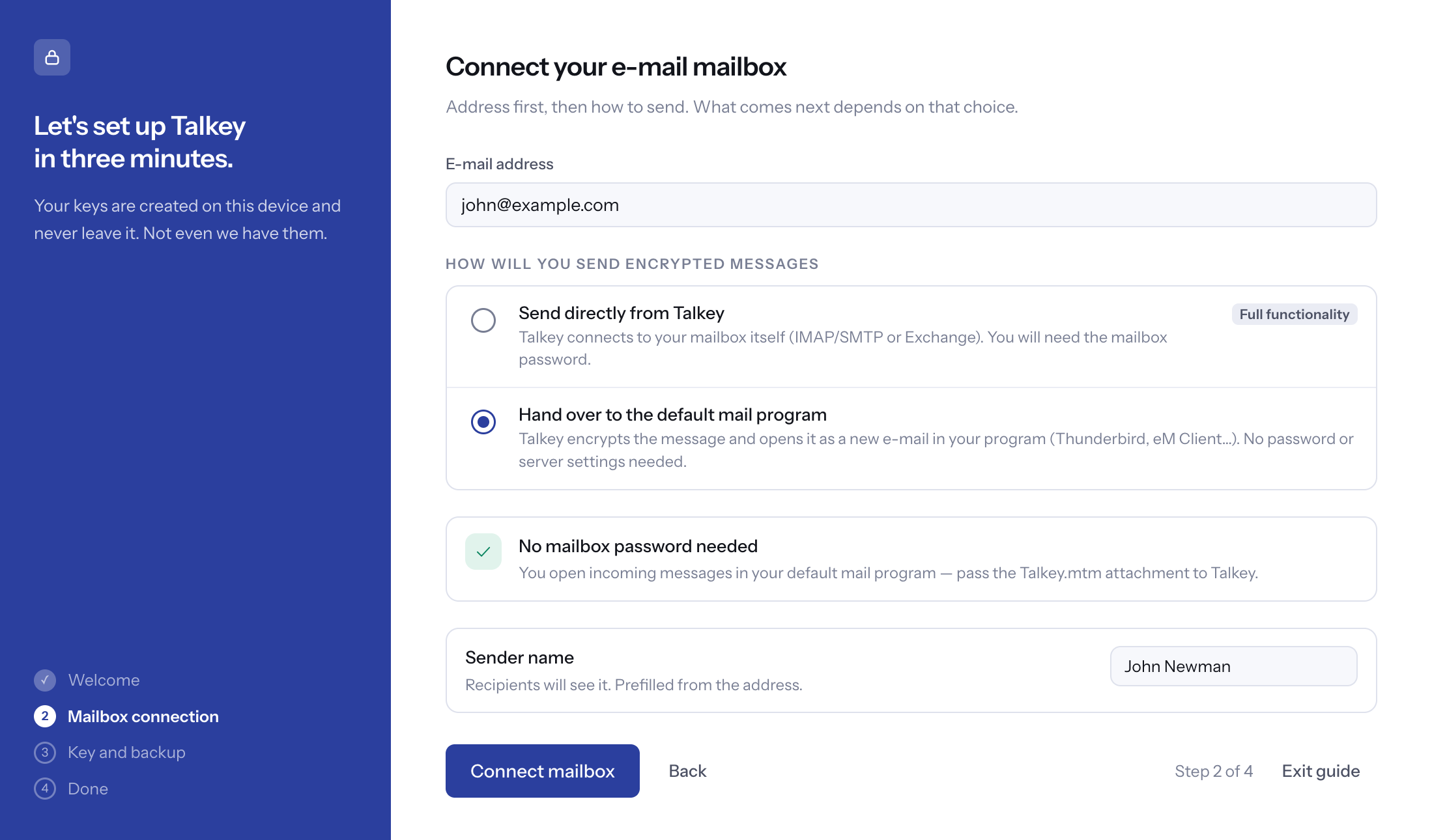 Connecting a mailbox – sending method