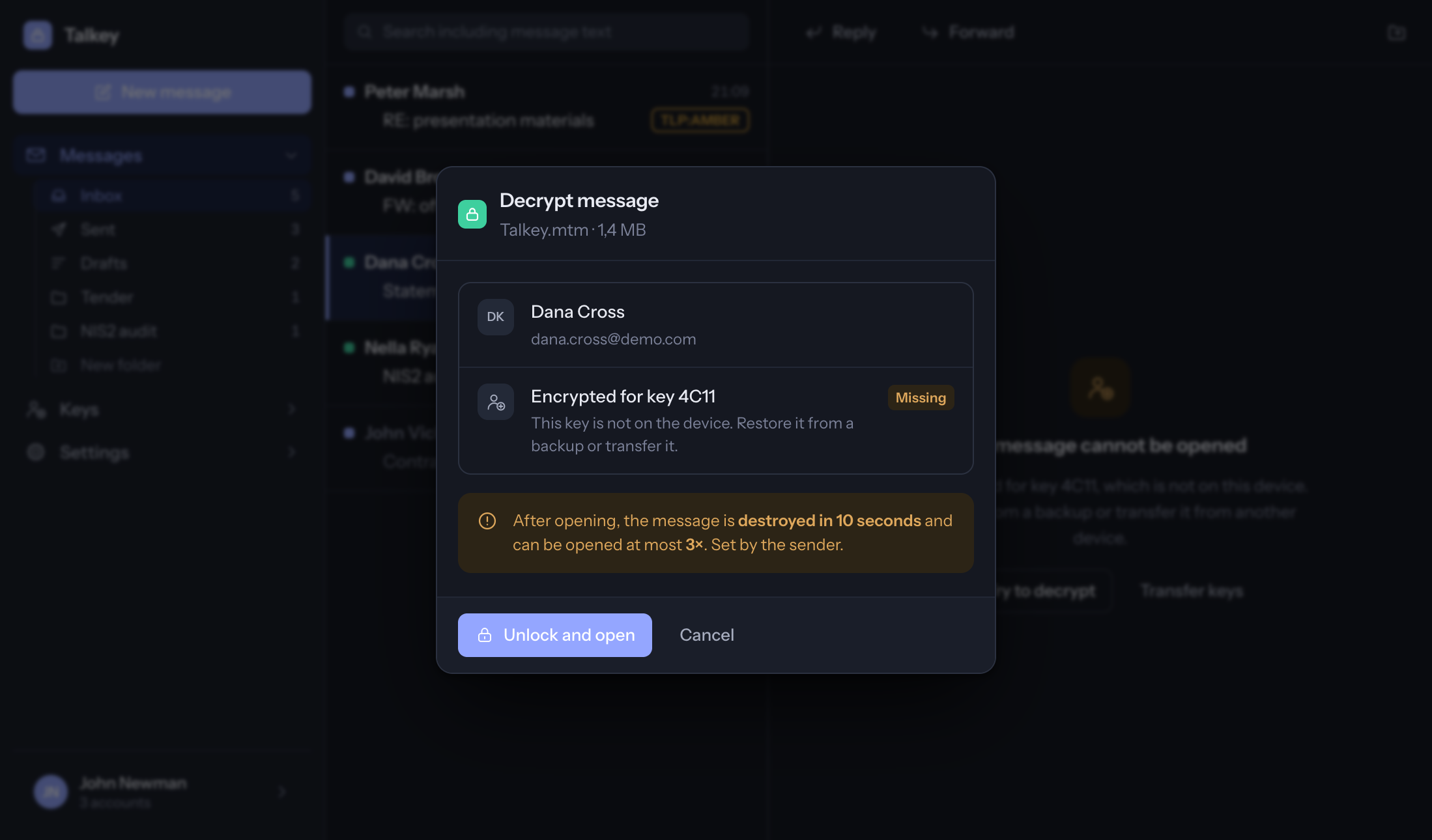 Decrypt message panel
