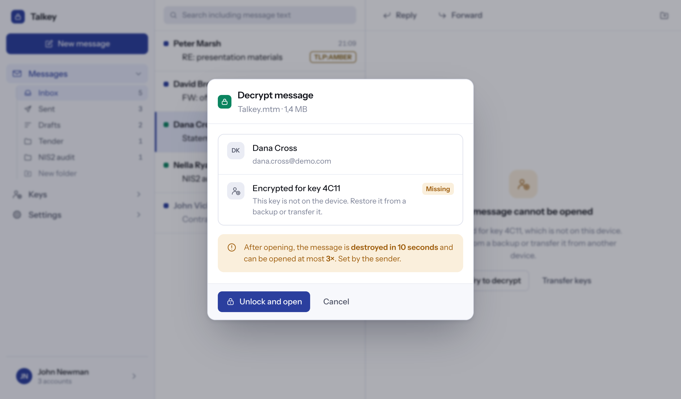Decrypt message panel