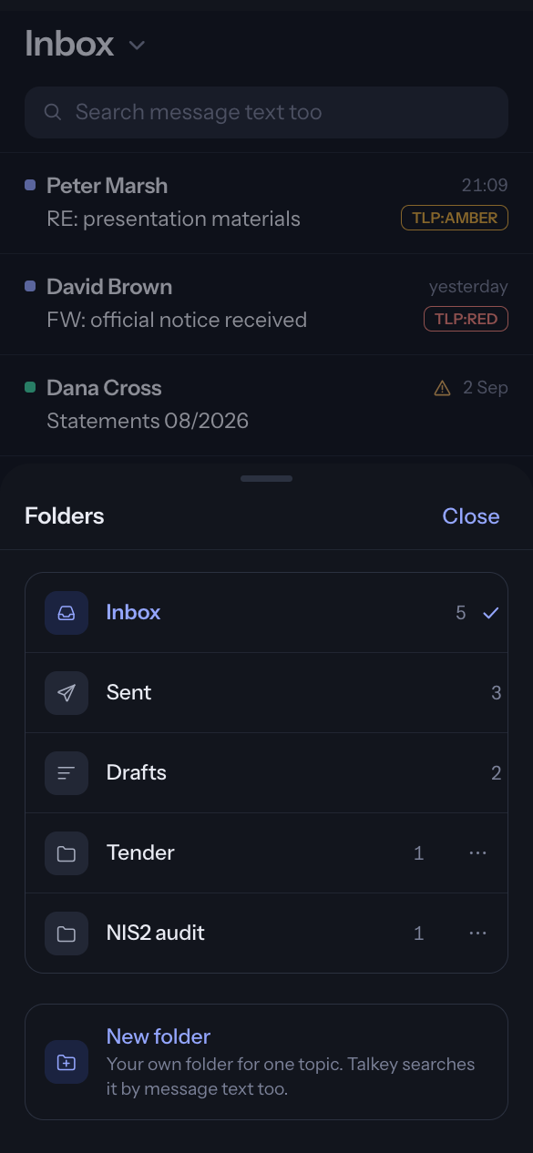 Folders panel on a phone