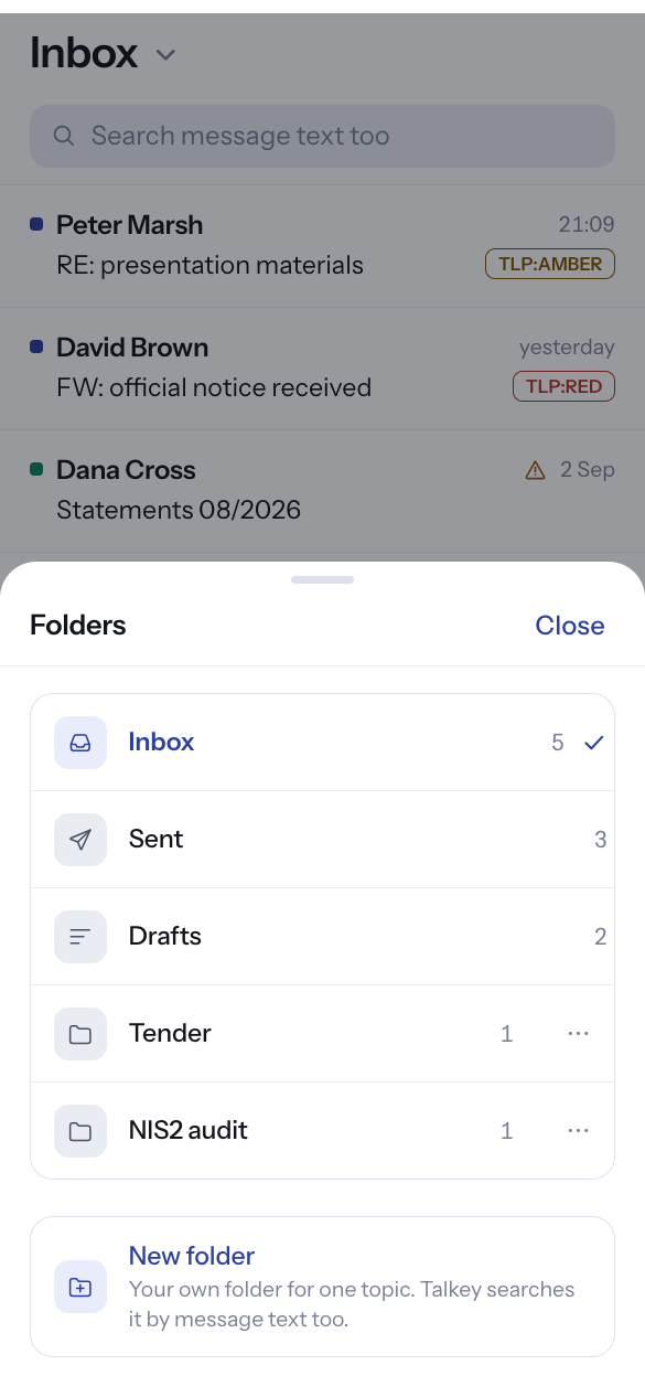 Folders panel on a phone