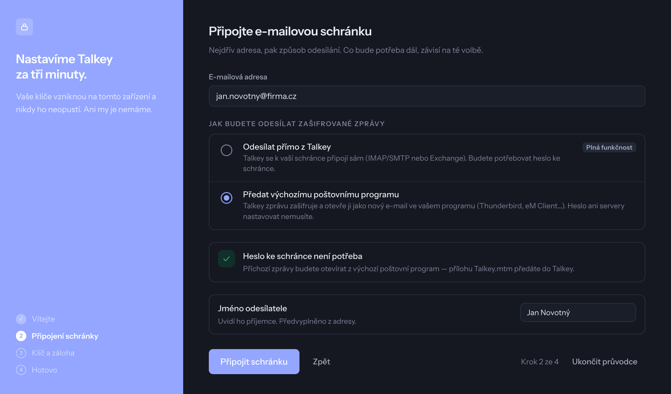Připojení schránky – volba odesílání