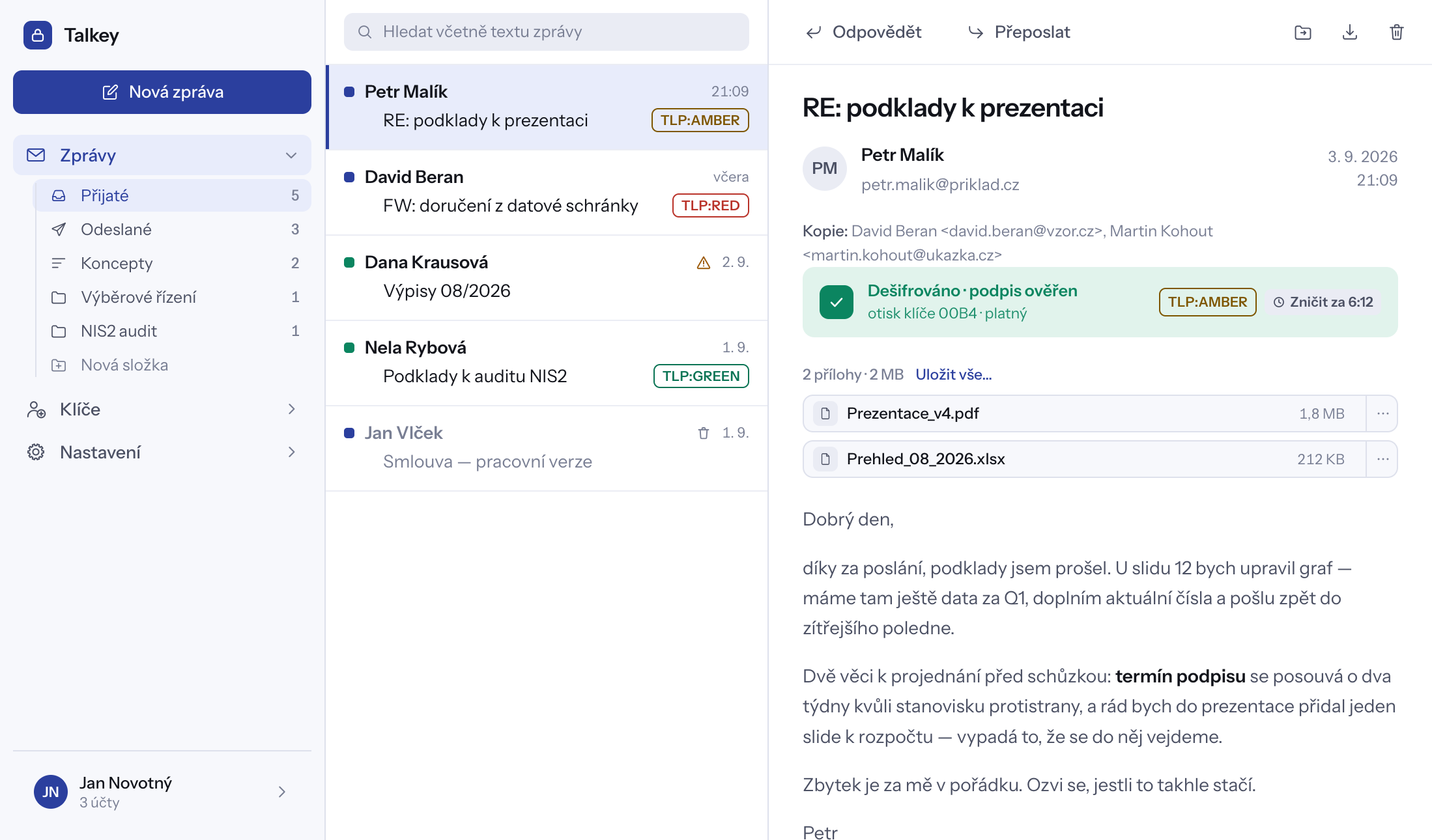 Otevřená zpráva s bezpečnostním pruhem a přílohou
