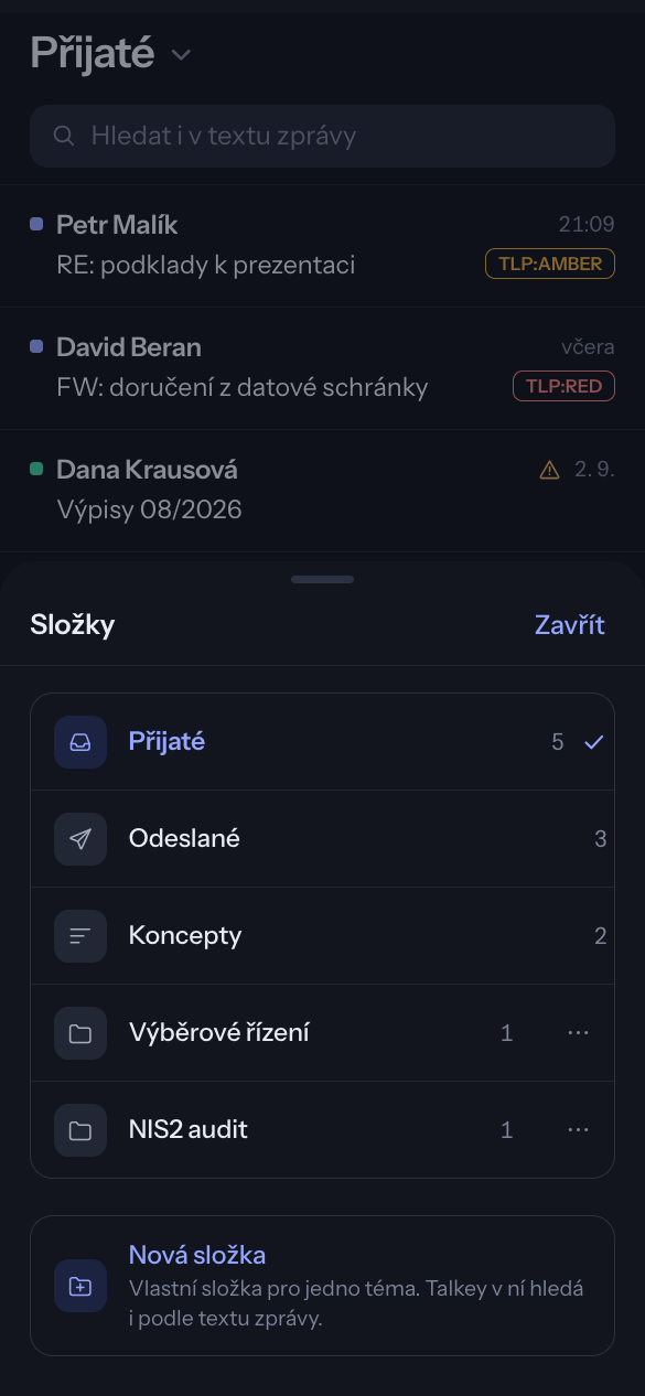 Panel složek na telefonu